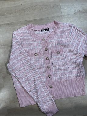 SHEIN Light Pink Tweed-Style Button Cardigan